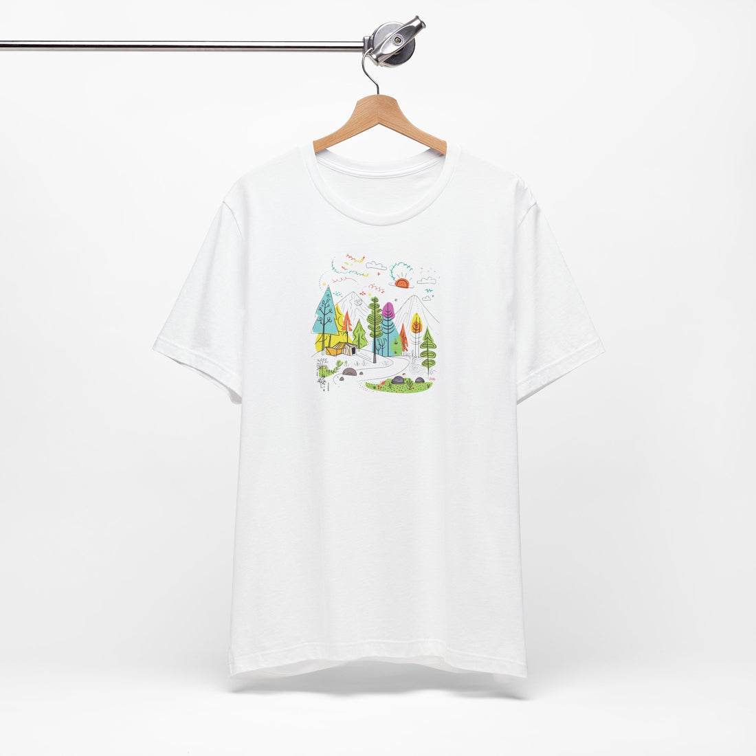 Whimsical Nature Adventure T-shirt | Colorful Doodle Mountain Design | Outdoor Enthusiast Graphic Tee