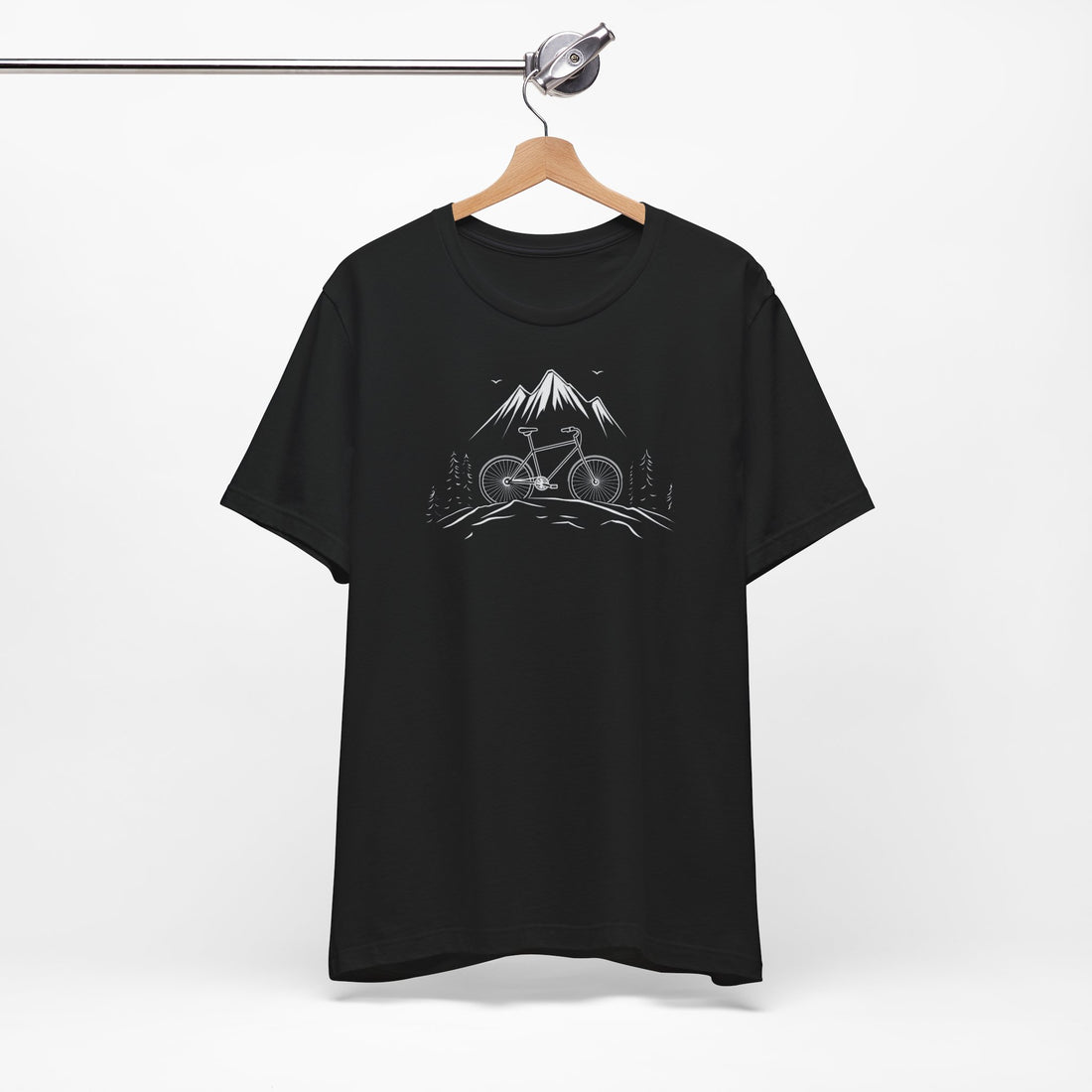 Mountain Bike Adventure T-Shirt | Black Cotton Tee with Minimalist Bicycle and Mountain Design | Comfortable and Stylish Unisex Shirt