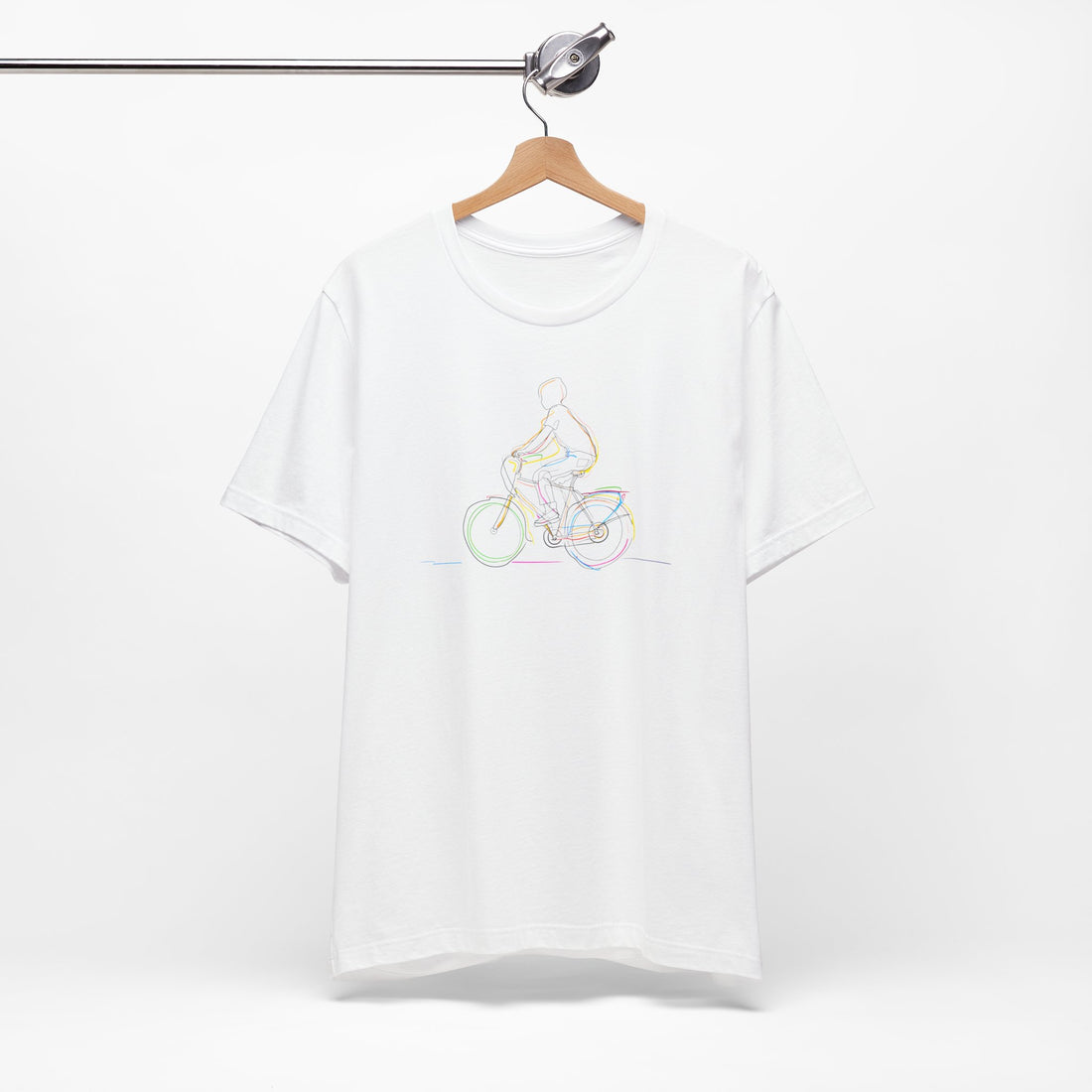 Cyclist Line Art T-Shirt | White Cotton Tee with Minimalist Bicycle Design | Stylish and Comfortable Unisex Shirt for Bike Lovers