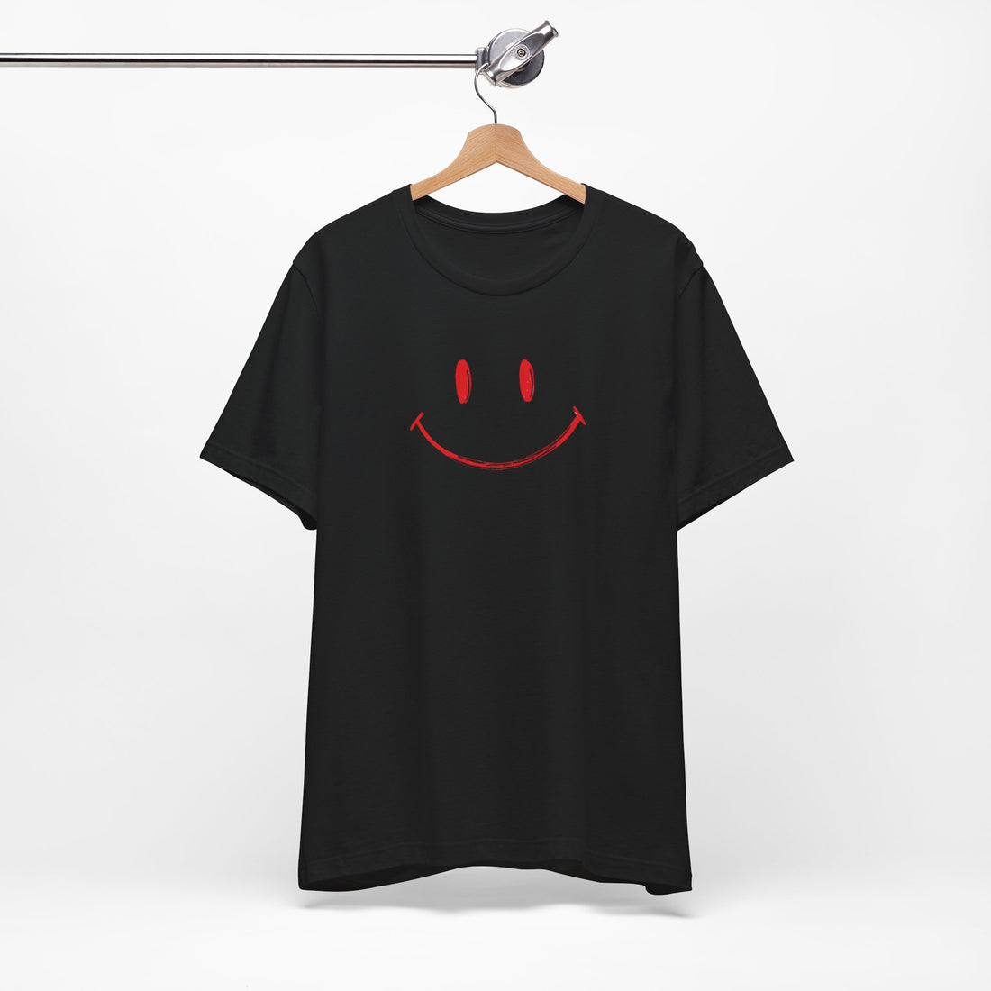 Red Smiley Face T-Shirt | Black Cotton Tee with Minimalist Hand-Drawn Smile Design | Comfortable and Stylish Unisex Shirt