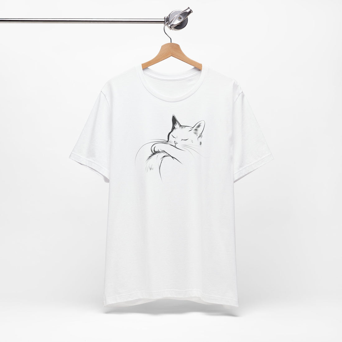 Sleeping Cat Line Art T-Shirt | White Cotton Tee with Minimalist Cat Design | Stylish and Comfortable Unisex Shirt for Cat Lovers