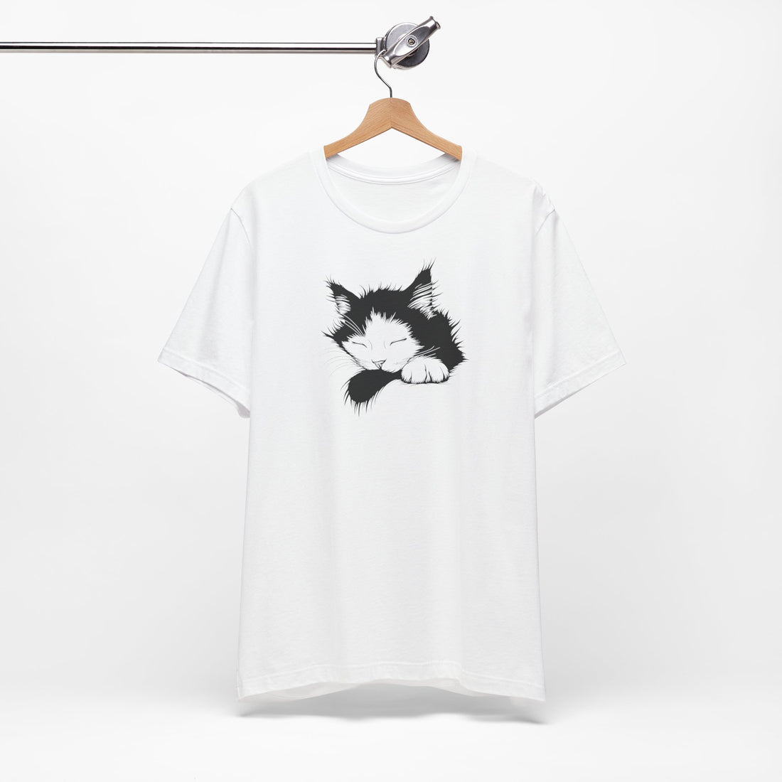 Sleeping Cat T-Shirt | White Cotton Tee with Black and White Cat Design | Comfortable and Stylish Unisex Shirt for Cat Lovers