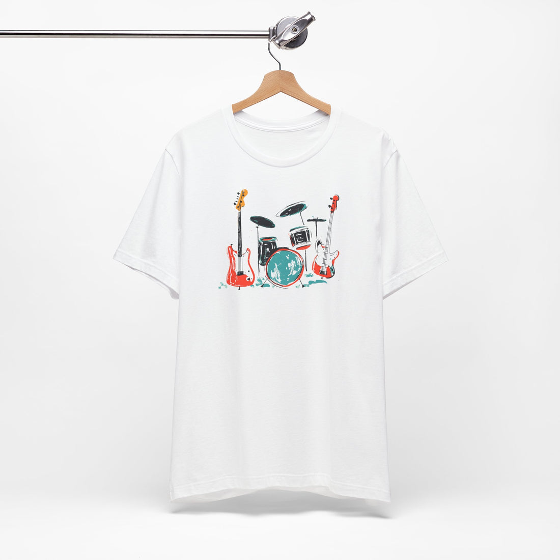 Band Instruments T-Shirt | White Cotton Tee with Colorful Drums and Guitars Design | Stylish and Comfortable Unisex Shirt