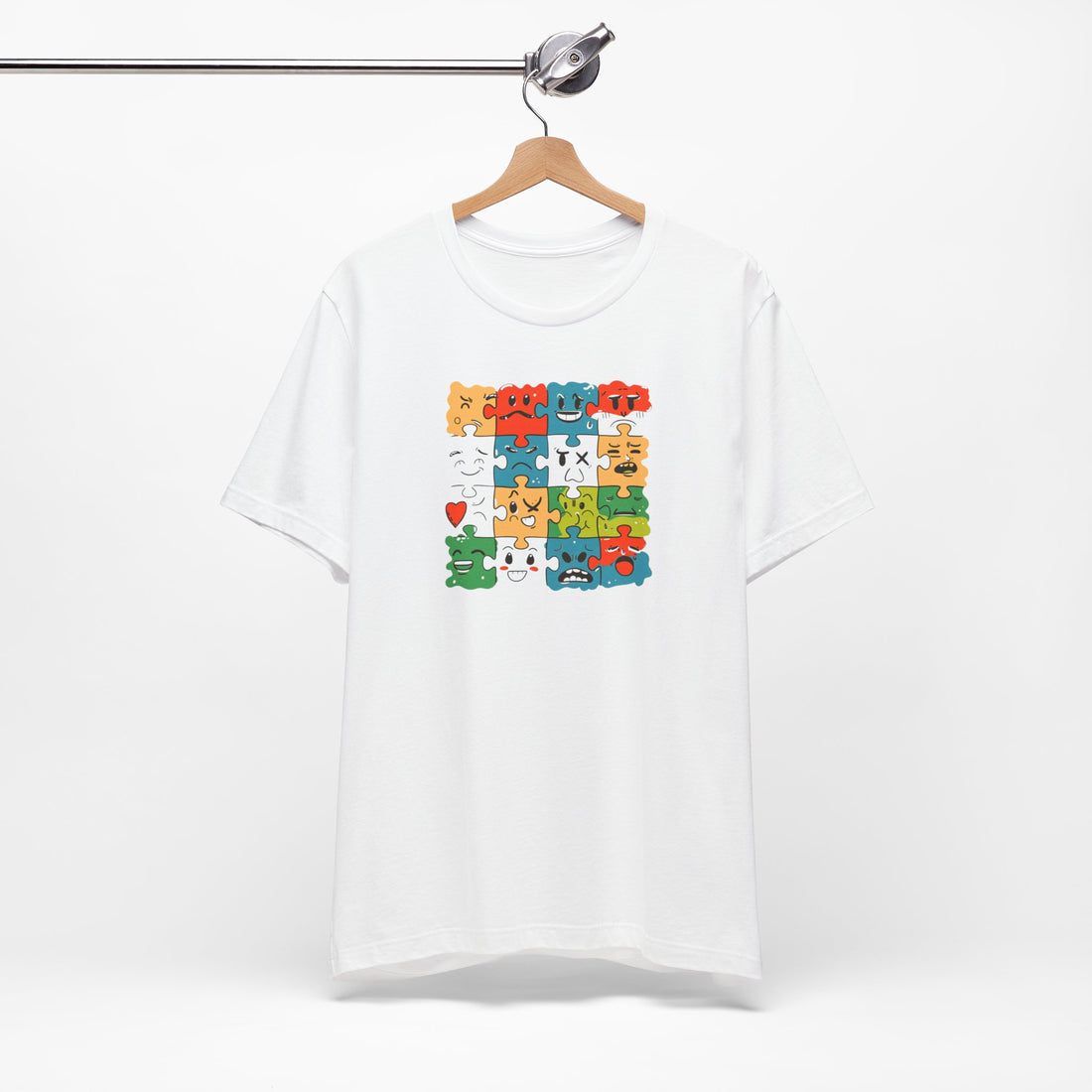 Colorful Puzzle Face Expression T-Shirt – Fun and Unique Graphic Tee for All Ages