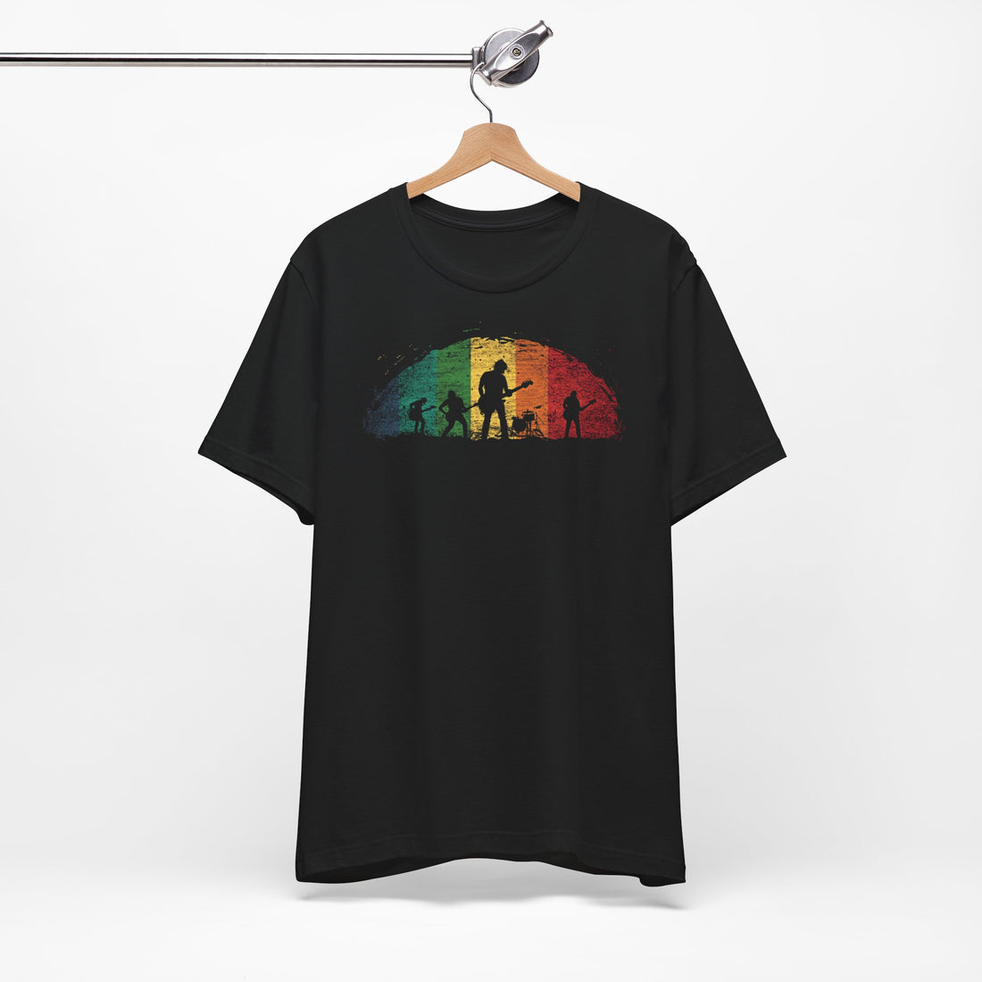 Retro Band Silhouette T-Shirt | Black Cotton Unisex Tee with Rainbow Music Design | Perfect for Concerts & Music Enthusiasts