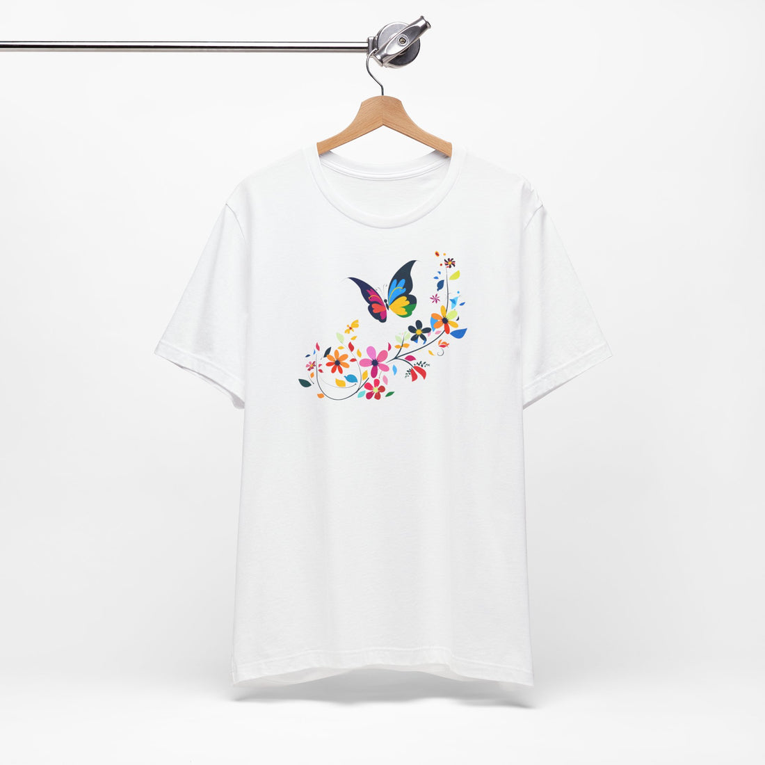 Vibrant Butterfly and Floral T-Shirt – Colorful Nature-Inspired Graphic Tee, 100% Cotton Unisex Casual Shirt for Women and Men, Perfect Nature Lover Gift, Artistic Design for Everyday Wear