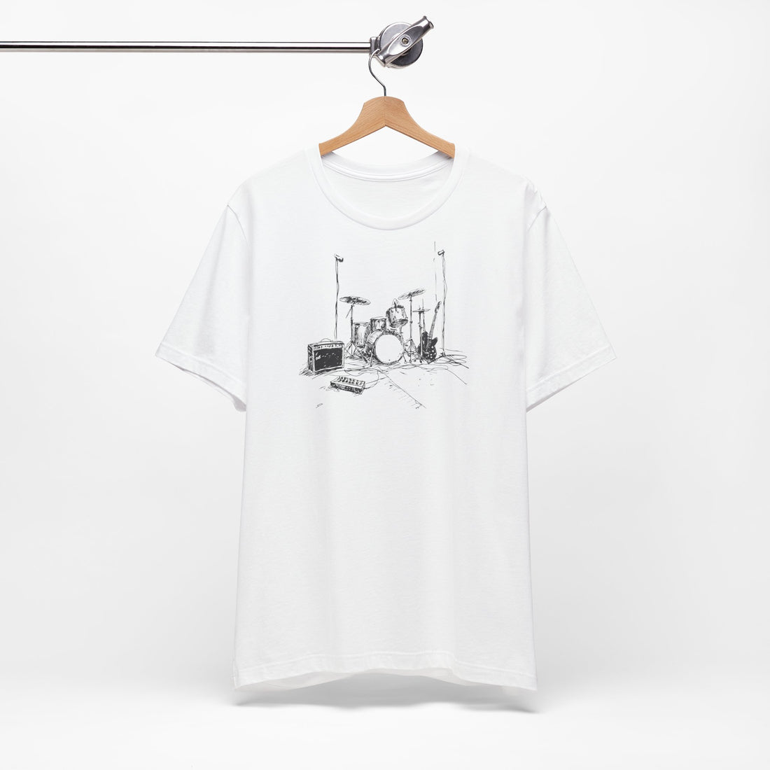 Musical Instruments Line Art T-Shirt | White Cotton Tee with Drum Set and Guitar Sketch Design | Stylish and Comfortable Unisex Shirt