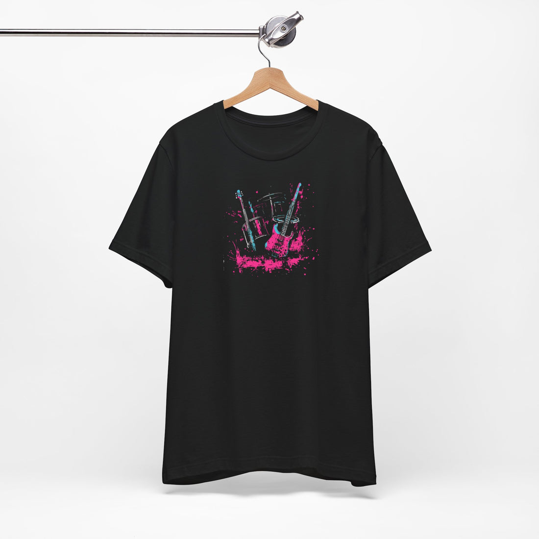 Rock Band Splatter Art T-Shirt | Black Cotton Tee with Vibrant Guitar and Drums Design | Stylish and Comfortable Unisex Shirt