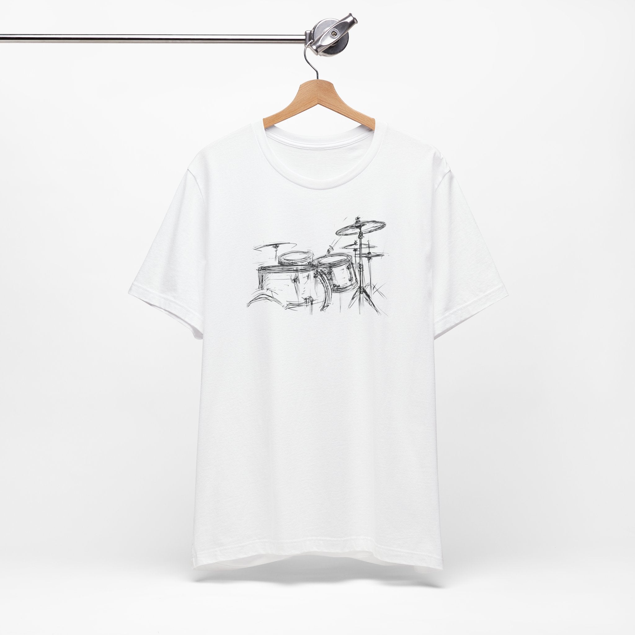White cotton t-shirt with a hand-drawn artistic sketch of a drum kit in the center.