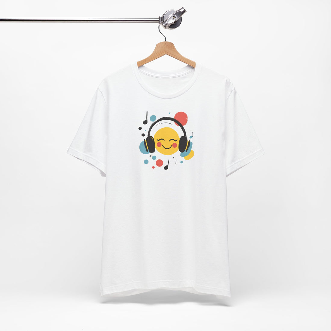 Smiley Face with Headphones T-Shirt | White Cotton Tee with Fun Music Emoji Design | Stylish and Comfortable Unisex Shirt