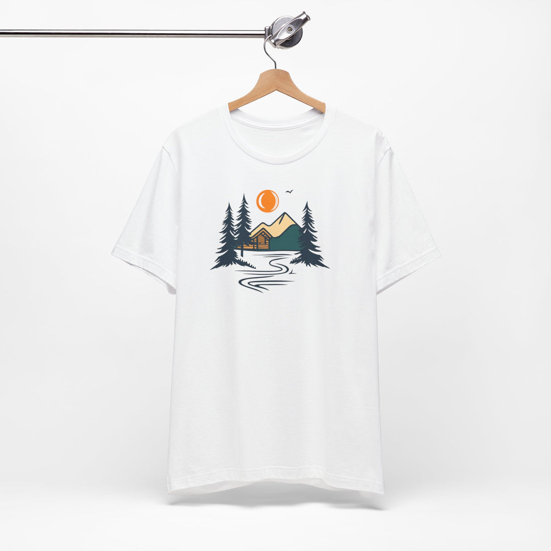 Cabin in the Woods T-Shirt | White Cotton Tee with Scenic Nature Design | Comfortable and Stylish Unisex Outdoor Shirt