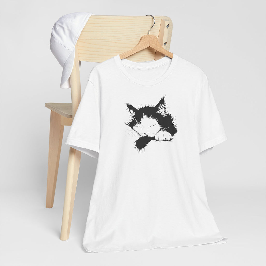 Sleeping Cat T-Shirt | White Cotton Tee with Black and White Cat Design | Comfortable and Stylish Unisex Shirt for Cat Lovers