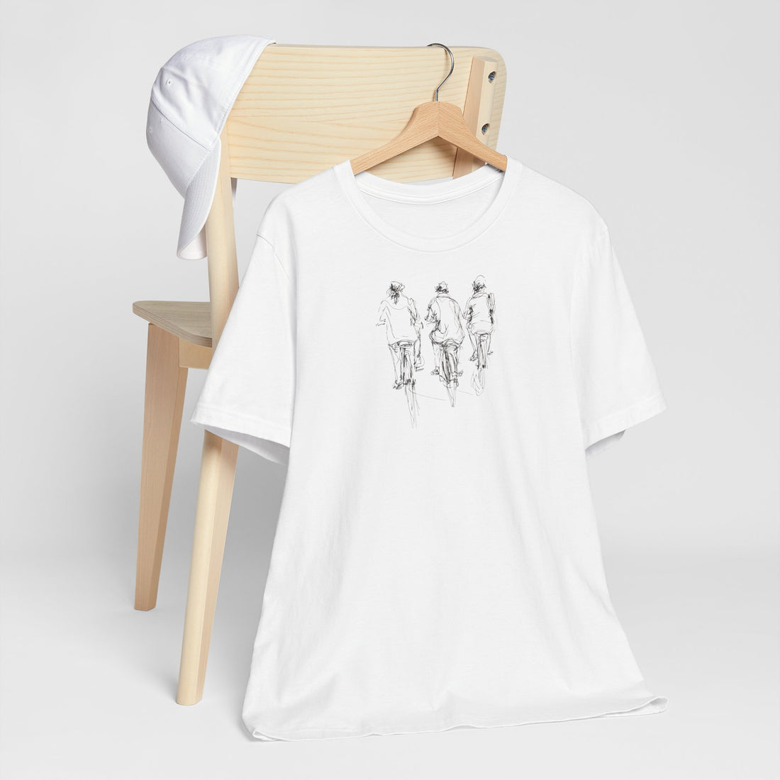 Sketch Cycling Trio T-Shirt | White Cotton Tee with Artistic Cyclist Design | Casual Unisex Shirt for Everyday Wear