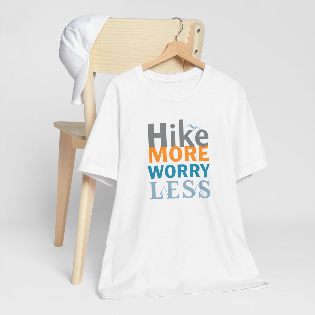 Hike-More-Worry-Less-T-Shirt - Adventure-Outdoor-Tee - Hiking-Motivation-Shirt - Nature-Lover-Apparel - Trail-Walking-Tee - White-Cotton-Unisex-Shirt - Explorer-Gift