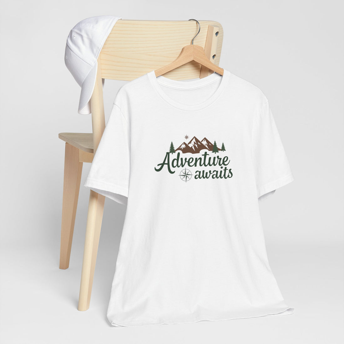 Adventure-Awaits-T-Shirt - Outdoor-Explorer-Tee - Hiking-Graphic-Shirt - Nature-Lover-Apparel - Mountain-Adventurer-Tee - White-Cotton-Unisex-Shirt - Travel-Enthusiast-Gift