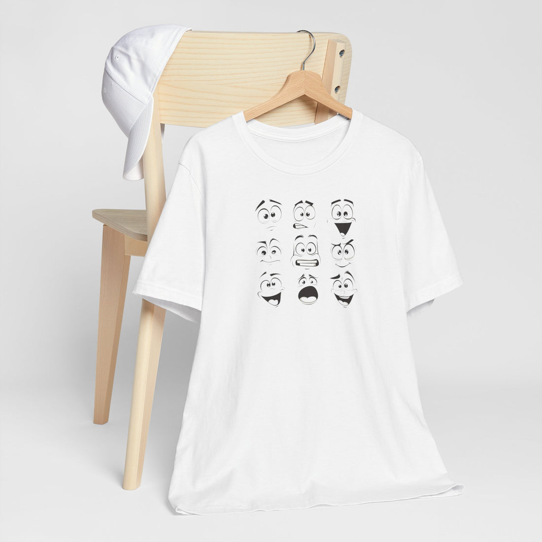 Cartoon Faces T-Shirt | White Cotton Unisex Tee with Fun Expressive Emotions Design | Perfect for Casual Wear