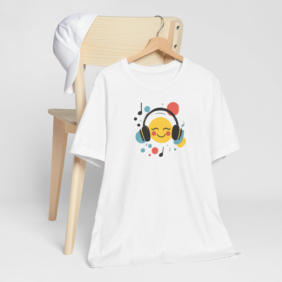 Smiley Face with Headphones T-Shirt | White Cotton Tee with Fun Music Emoji Design | Stylish and Comfortable Unisex Shirt