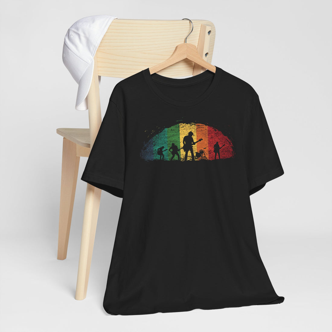 Retro Band Silhouette T-Shirt | Black Cotton Unisex Tee with Rainbow Music Design | Perfect for Concerts & Music Enthusiasts