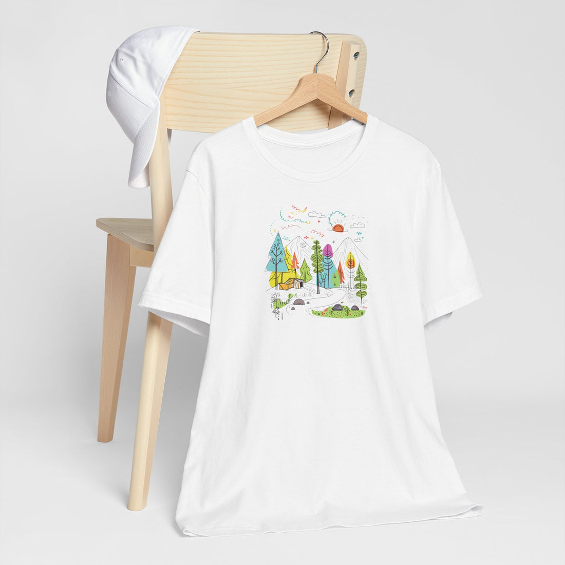 Whimsical Nature Adventure T-shirt | Colorful Doodle Mountain Design | Outdoor Enthusiast Graphic Tee