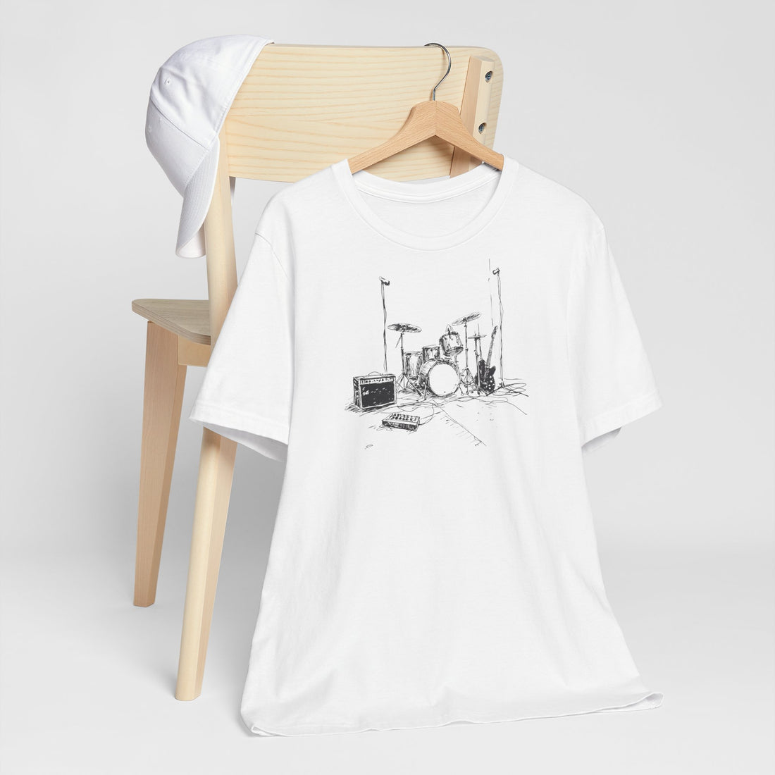 Musical Instruments Line Art T-Shirt | White Cotton Tee with Drum Set and Guitar Sketch Design | Stylish and Comfortable Unisex Shirt