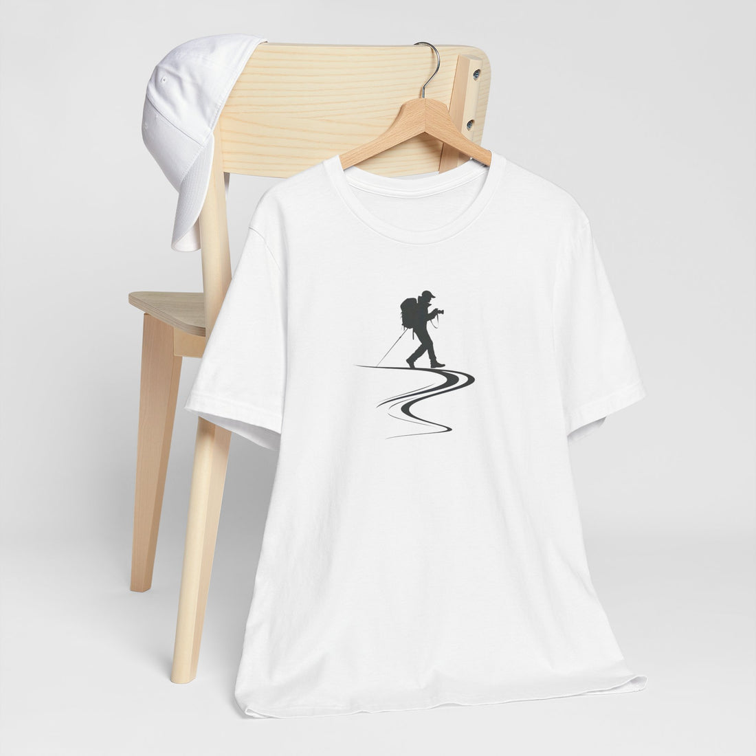 Hiking Adventure T-Shirt | White Cotton Tee with Minimalist Hiker Design | Stylish and Comfortable Unisex Shirt for Outdoor Enthusiasts