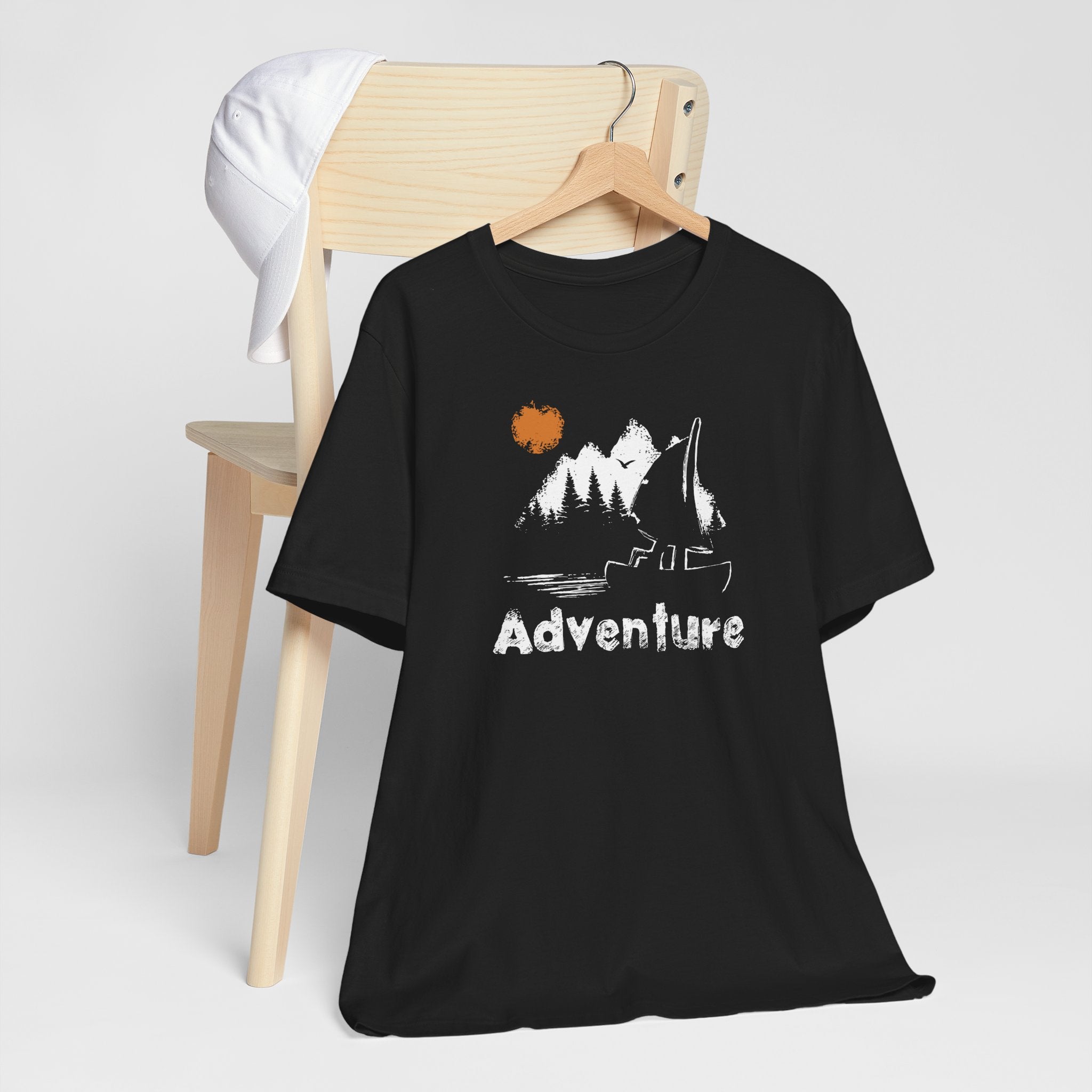 Black Adventure T-Shirt – Canoe, Forest & Sunset Design – Hiking Gift UK