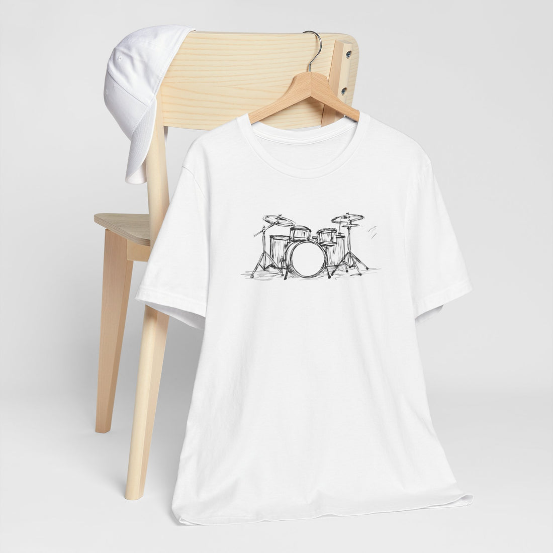 Hand-Drawn Drum Kit T-Shirt | White Cotton Unisex Tee with Artistic Music Design | Perfect for Drummers & Music Lovers