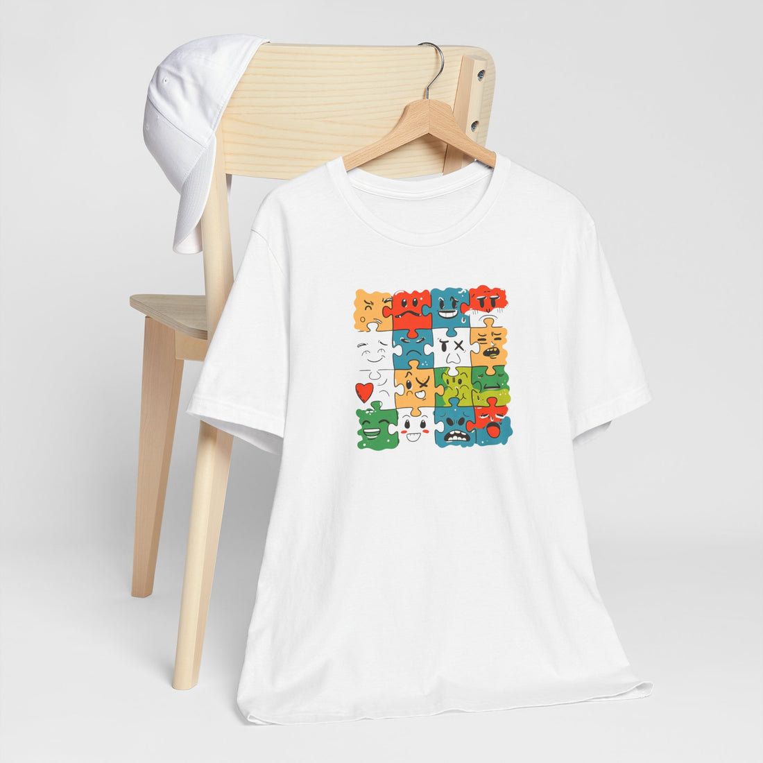 Colorful Puzzle Face Expression T-Shirt – Fun and Unique Graphic Tee for All Ages