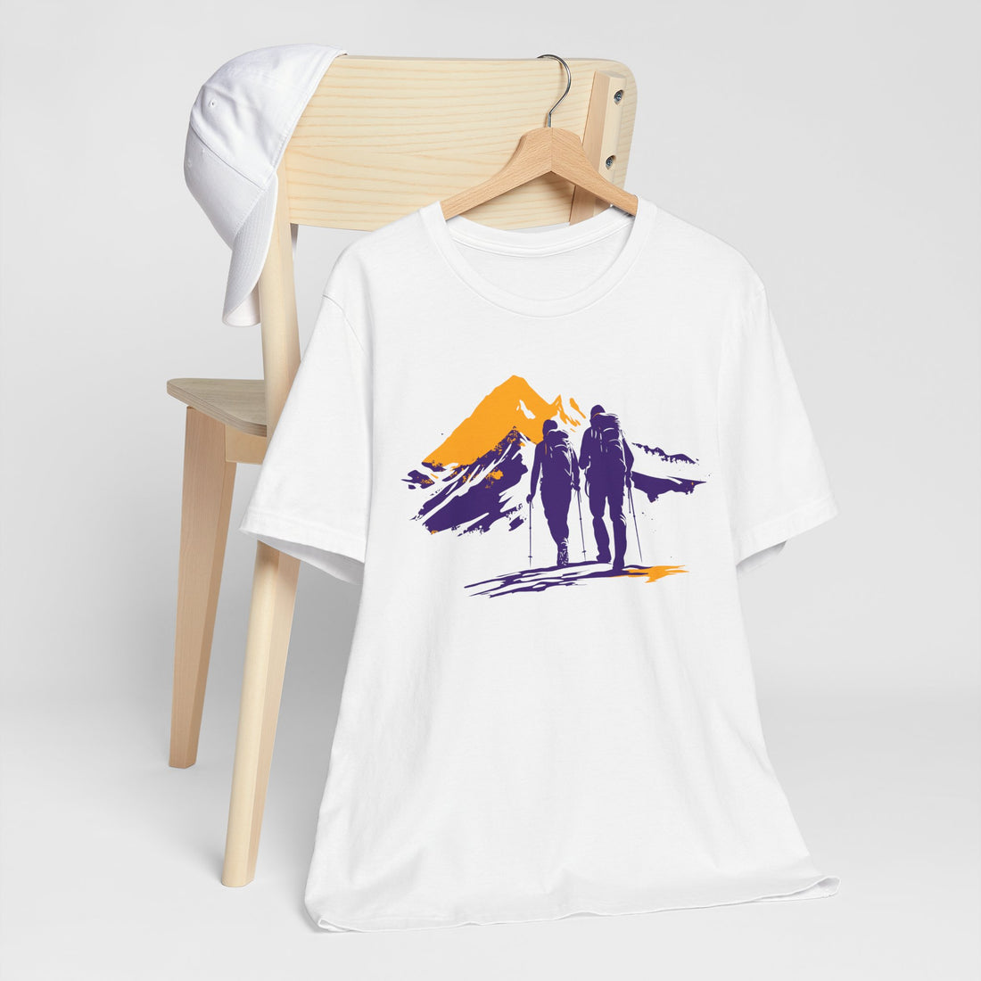 Hiking Adventure T-Shirt | White Cotton Tee with Mountain and Hikers Design | Stylish and Comfortable Unisex Shirt for Outdoor Enthusiasts