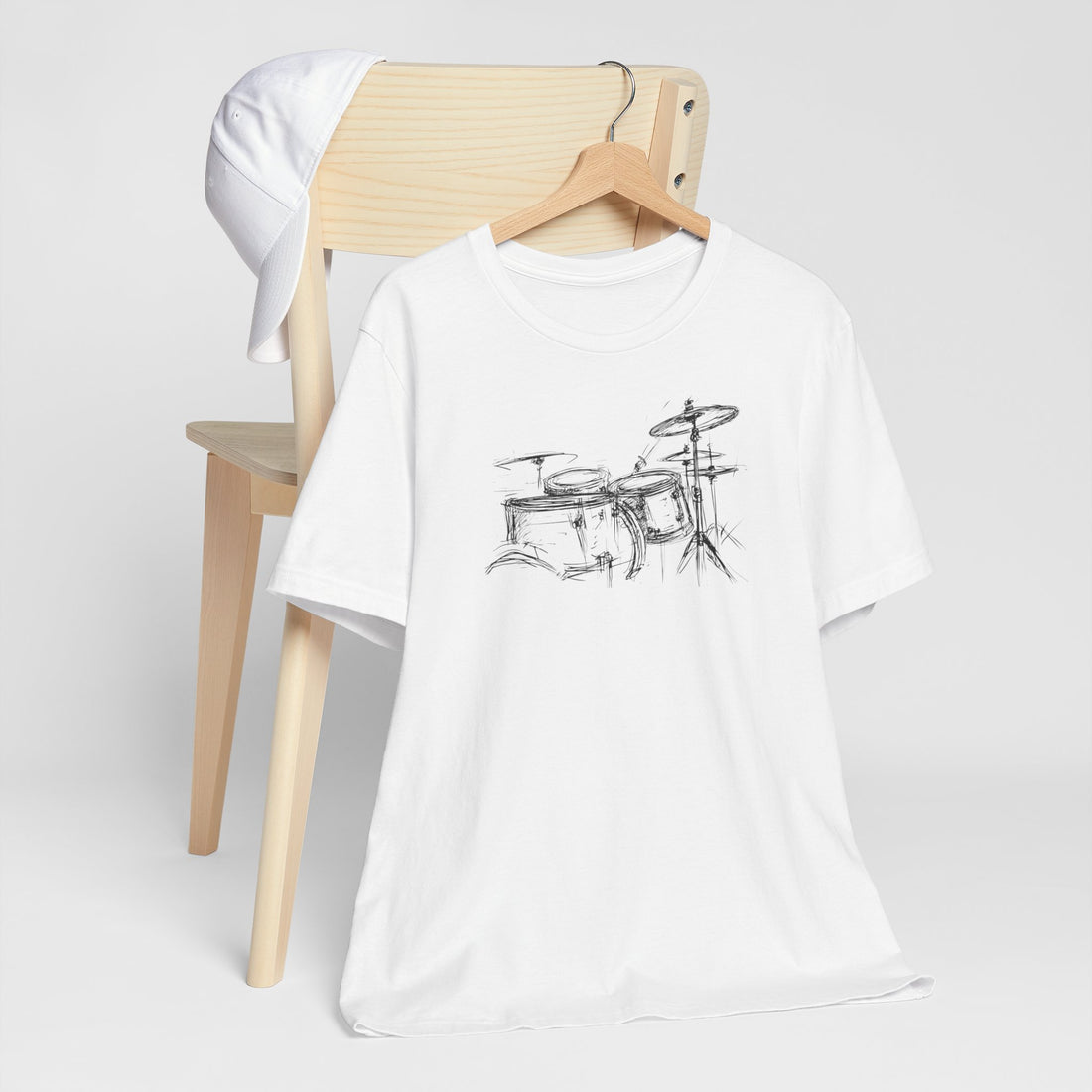 Drum Set Sketch T-Shirt | White Cotton Tee with Artistic Drum Kit Design | Stylish Musician-Inspired Unisex Shirt