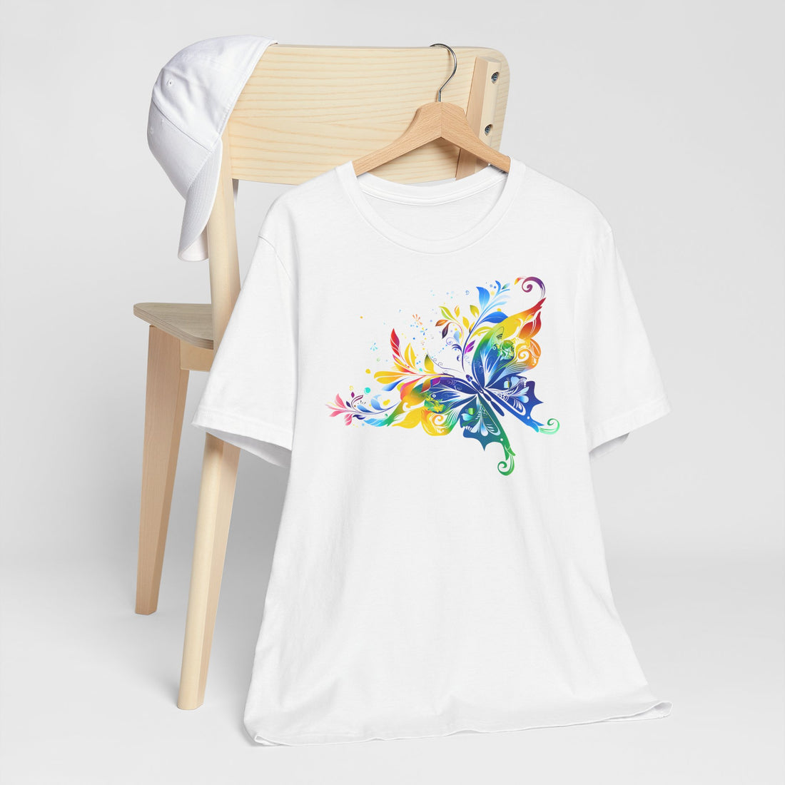 Colorful Butterfly T-Shirt | White Cotton Tee with Vibrant Butterfly Design | Stylish and Comfortable Unisex Shirt for Nature Lovers