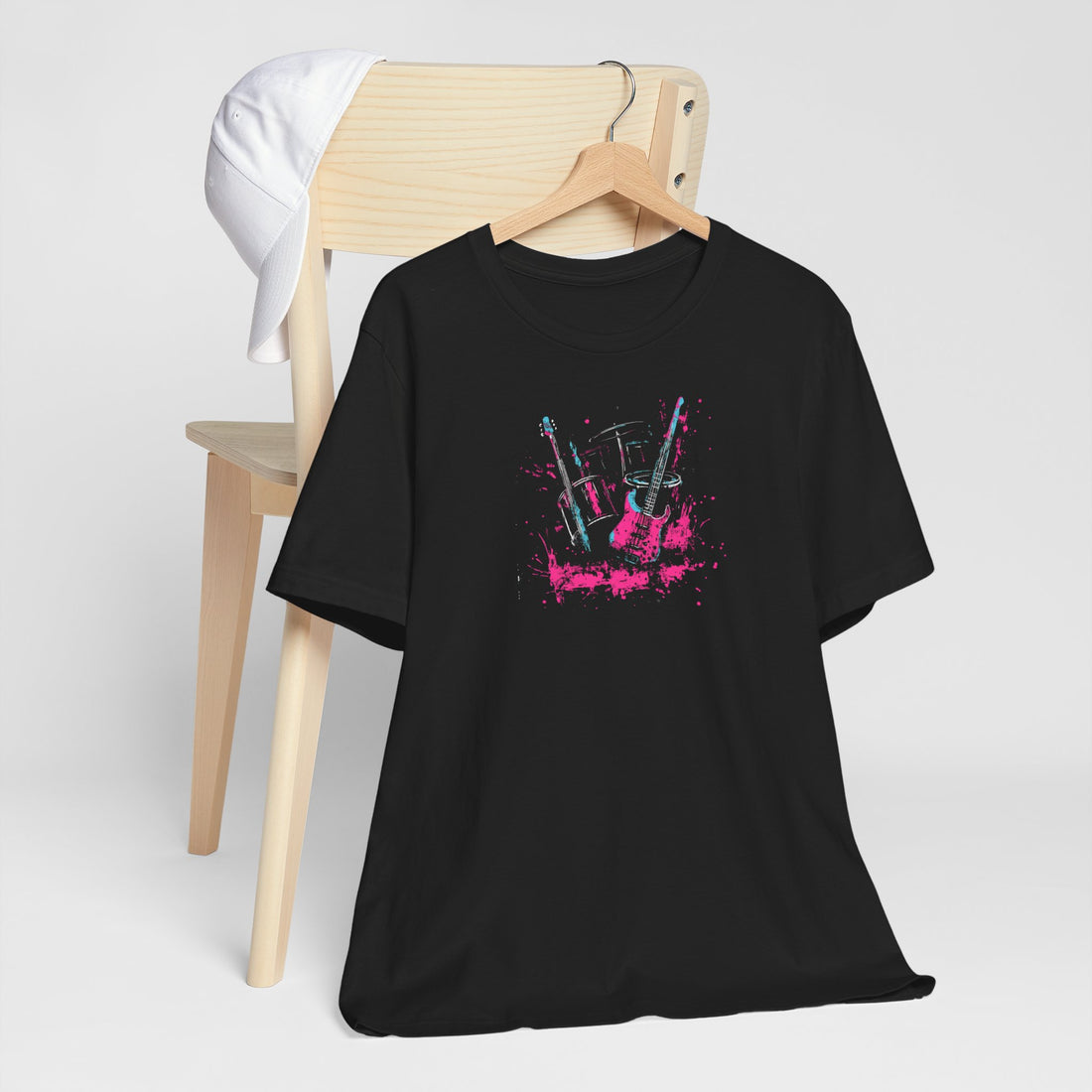 Rock Band Splatter Art T-Shirt | Black Cotton Tee with Vibrant Guitar and Drums Design | Stylish and Comfortable Unisex Shirt