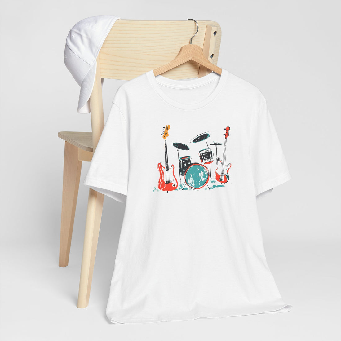 Band Instruments T-Shirt | White Cotton Tee with Colorful Drums and Guitars Design | Stylish and Comfortable Unisex Shirt