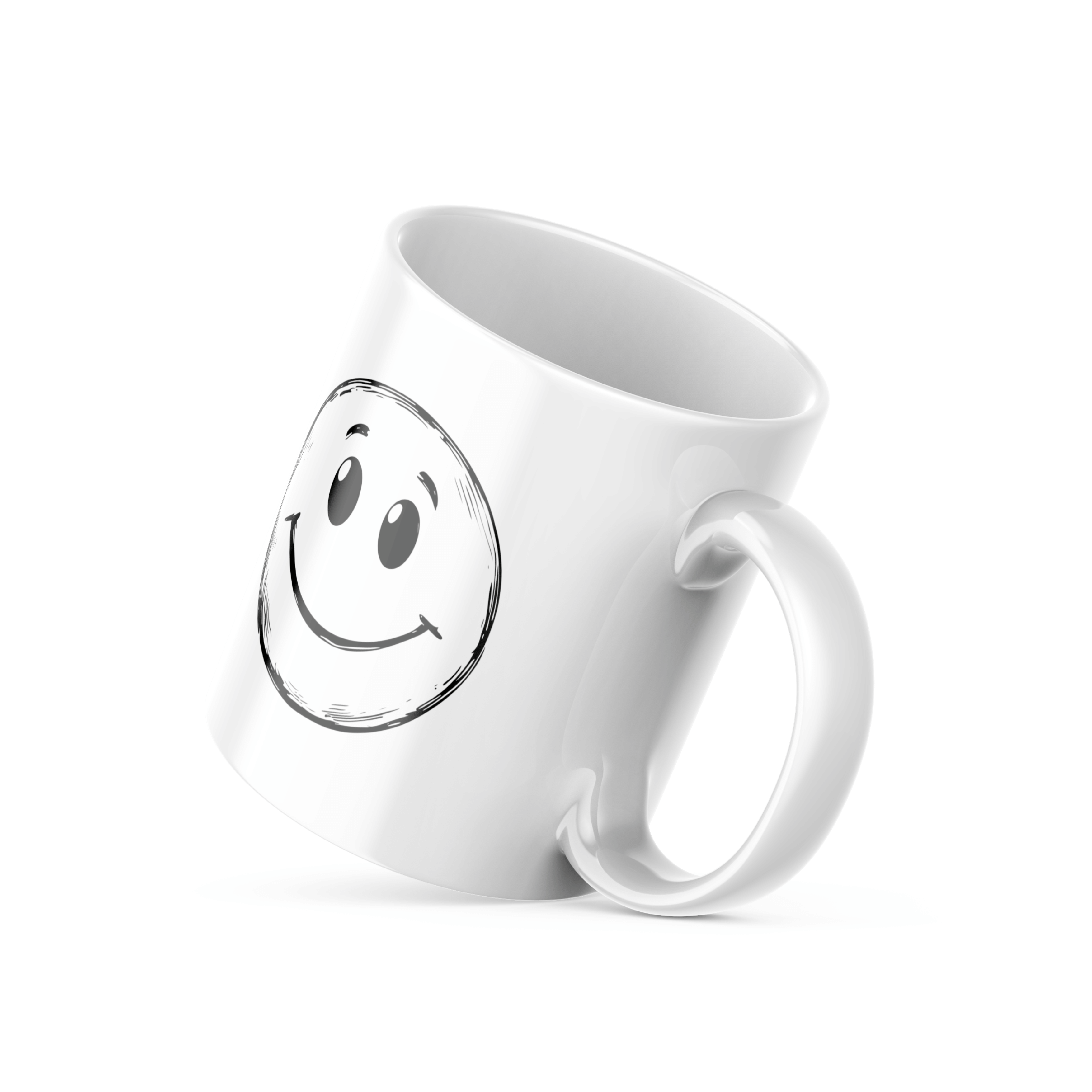 Two white ceramic mugs, one with a hand-drawn smiley face design and the other with a 'Good Morning' message and a sun illustration.