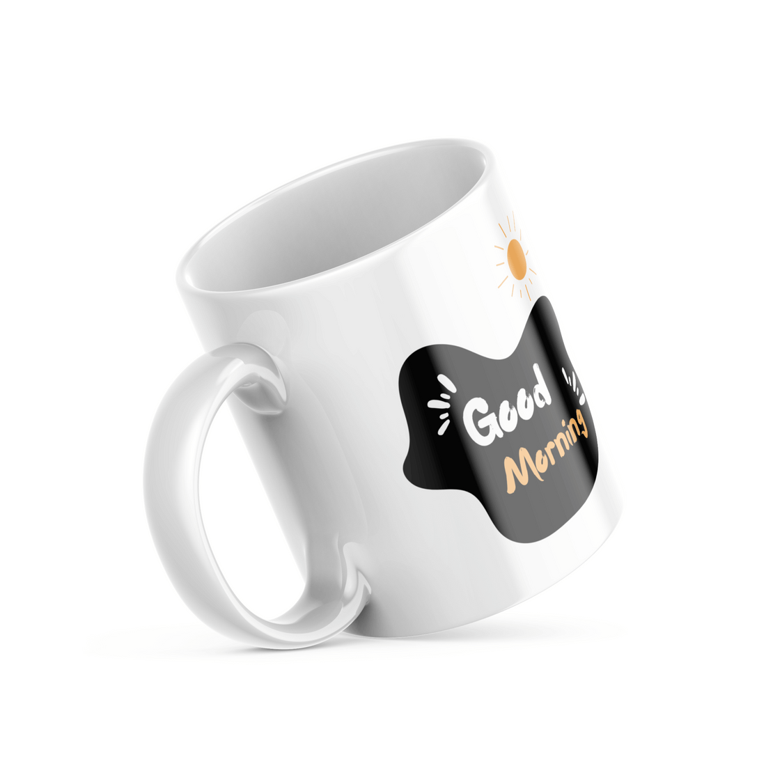 Two white ceramic mugs, one with a hand-drawn smiley face design and the other with a 'Good Morning' message and a sun illustration.