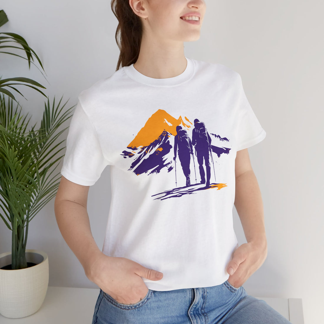 Hiking Adventure T-Shirt | White Cotton Tee with Mountain and Hikers Design | Stylish and Comfortable Unisex Shirt for Outdoor Enthusiasts