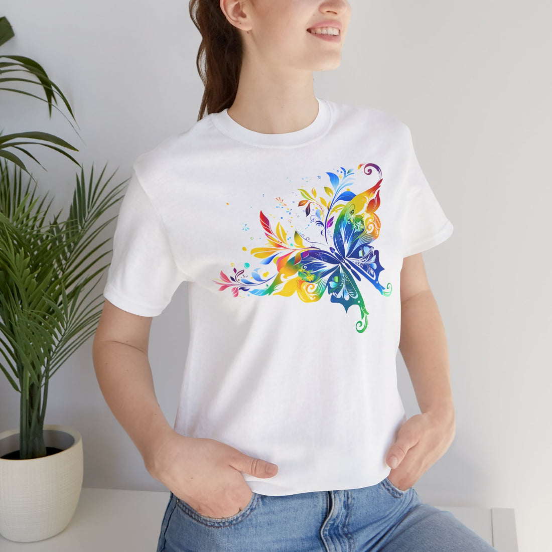 Colorful Butterfly T-Shirt | White Cotton Tee with Vibrant Butterfly Design | Stylish and Comfortable Unisex Shirt for Nature Lovers