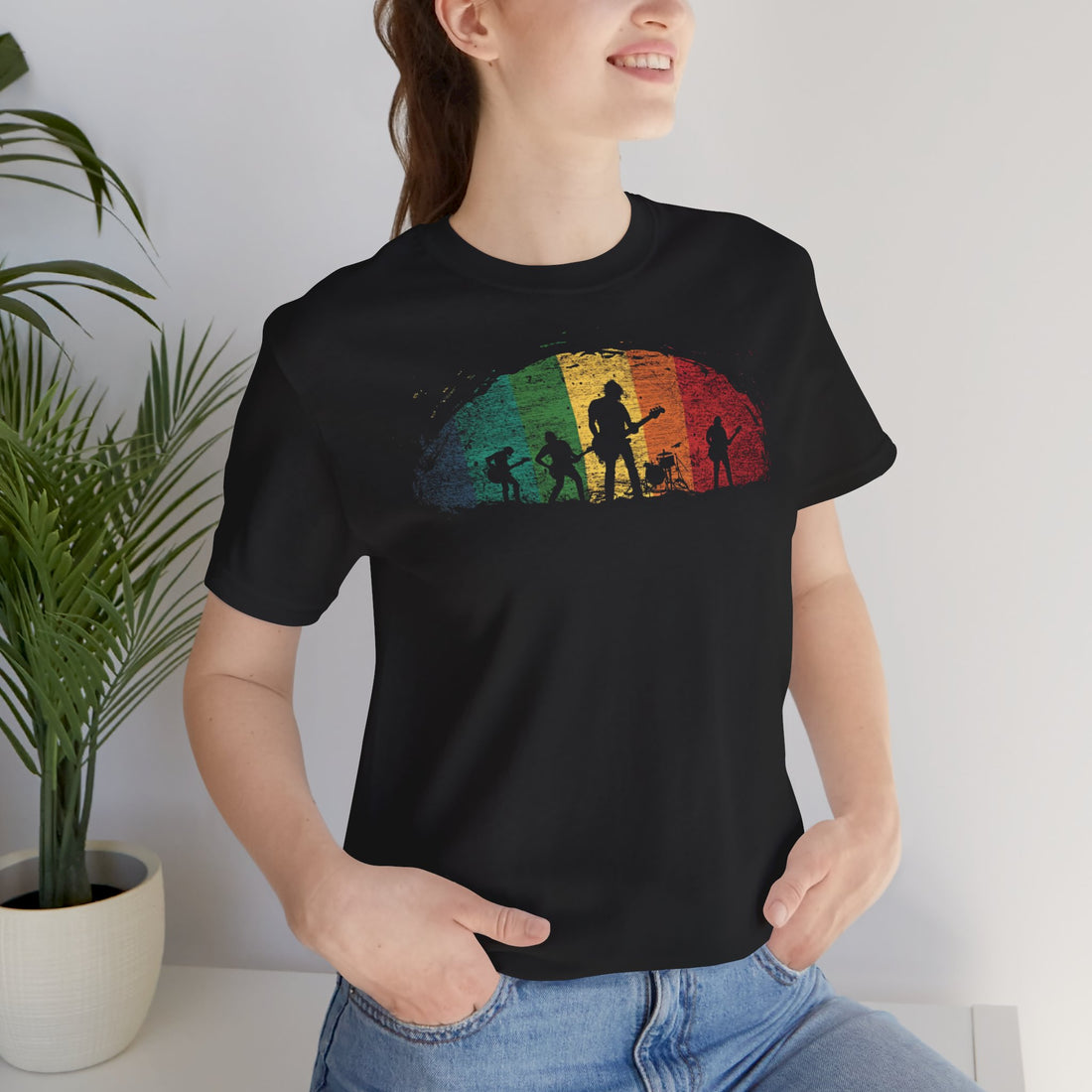 Retro Band Silhouette T-Shirt | Black Cotton Unisex Tee with Rainbow Music Design | Perfect for Concerts & Music Enthusiasts