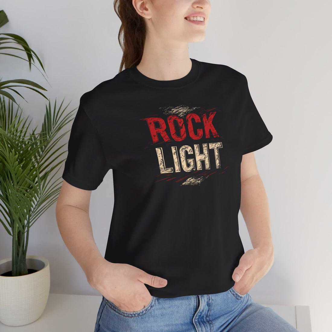 Rock Light T-Shirt | Black Cotton Tee with Distressed Red and White Text Design | Stylish and Comfortable Unisex Shirt