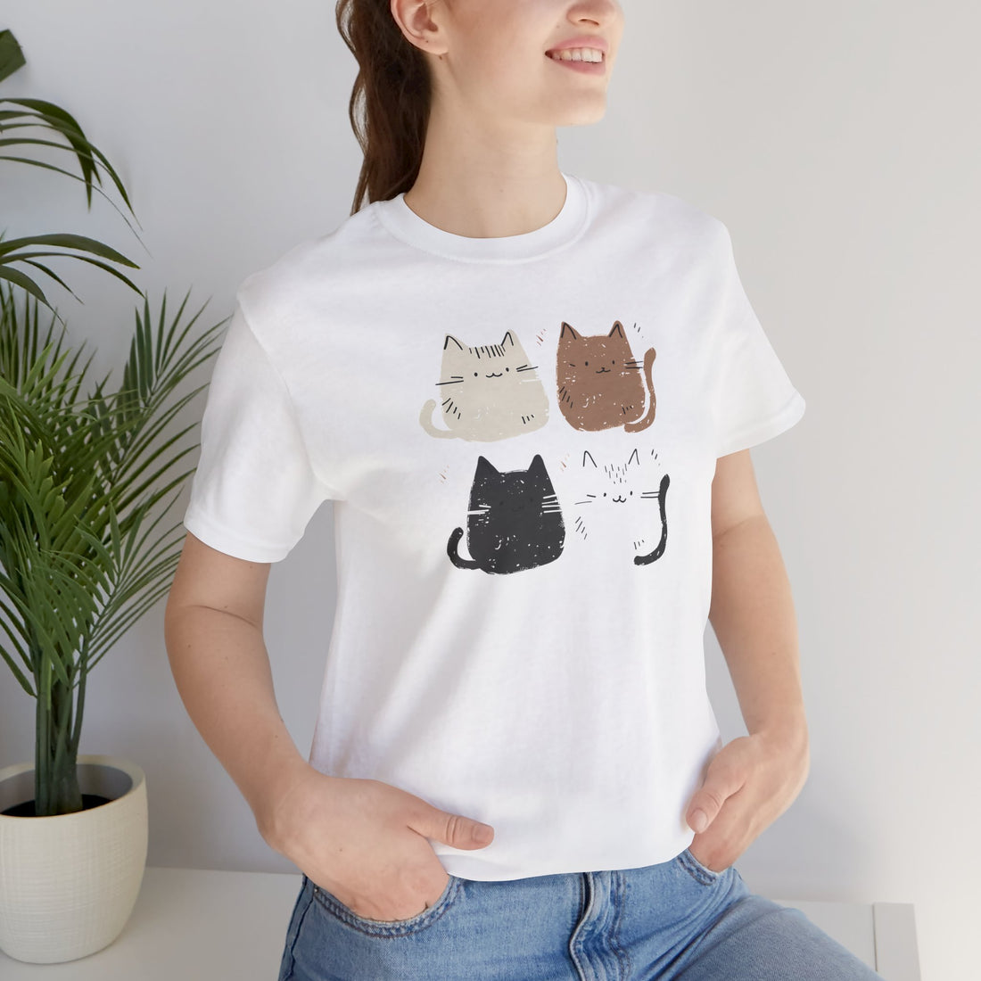 Cute Cat Faces T-Shirt | White Cotton Tee with Adorable Multicolor Cat Design | Stylish and Comfortable Unisex Shirt for Cat Lovers