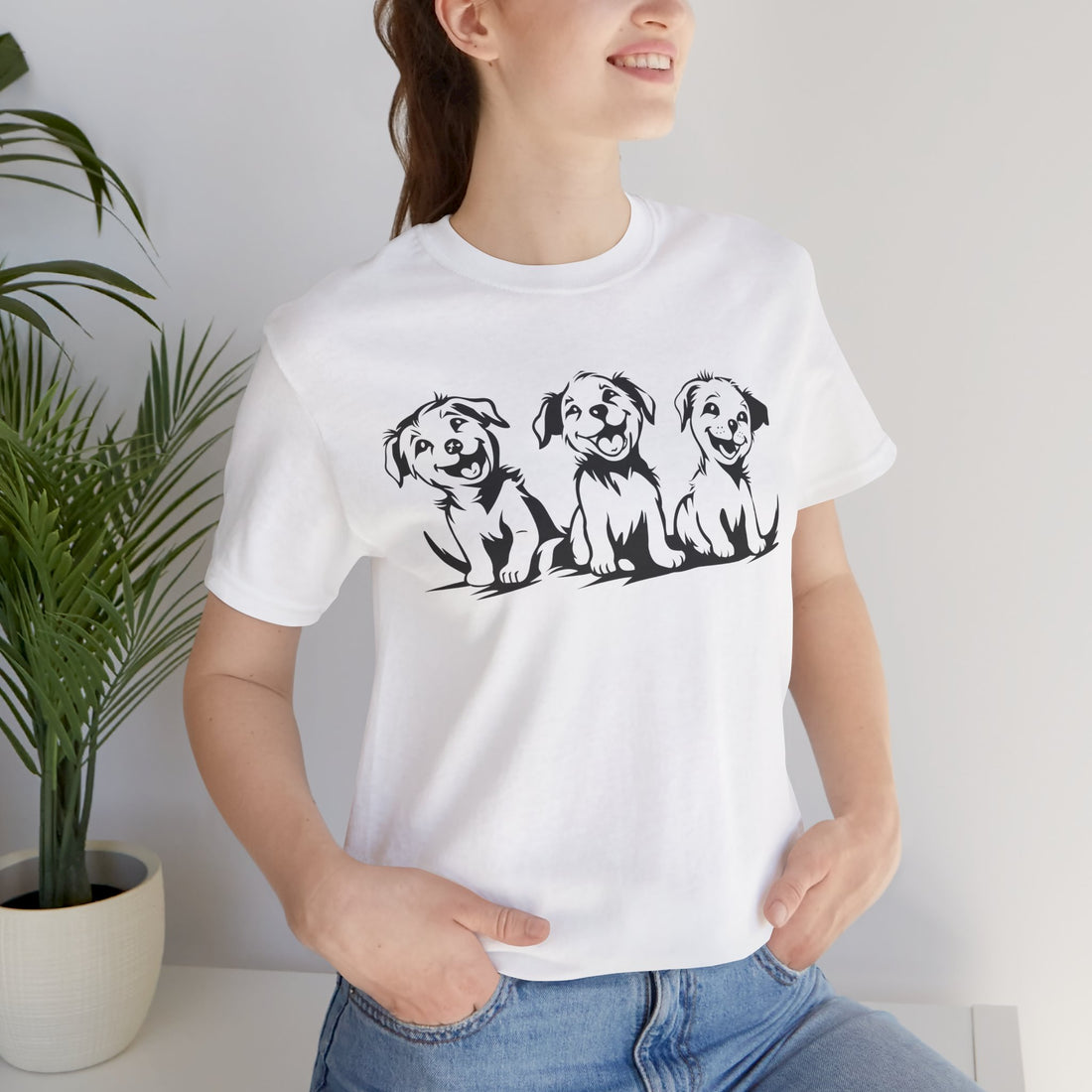 Three Puppies T-Shirt | White Cotton Tee with Adorable Dog Illustration | Stylish and Comfortable Unisex Shirt for Dog Lovers