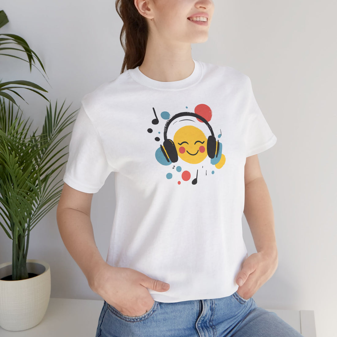 Smiley Face with Headphones T-Shirt | White Cotton Tee with Fun Music Emoji Design | Stylish and Comfortable Unisex Shirt