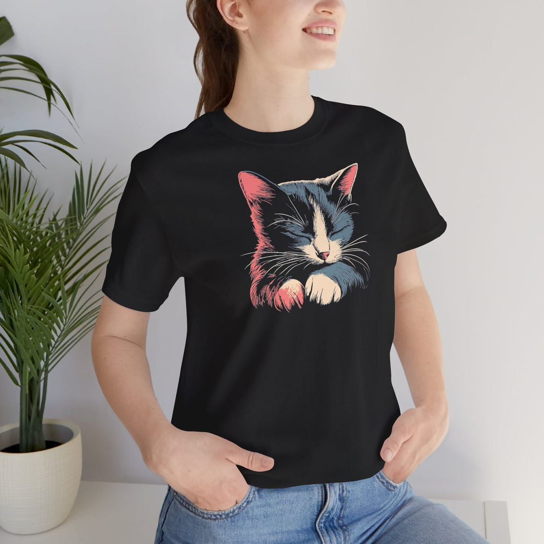 Sleeping Cat Graphic T-Shirt | Black Cotton Tee with Adorable Cat Design | Comfortable and Stylish Casual Wear for Animal Lovers | Unisex Graphic Tee for Men and Women