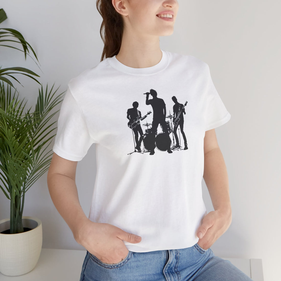 Band Silhouette T-Shirt | White Cotton Tee with Black Music Band Design | Stylish and Comfortable Unisex Shirt