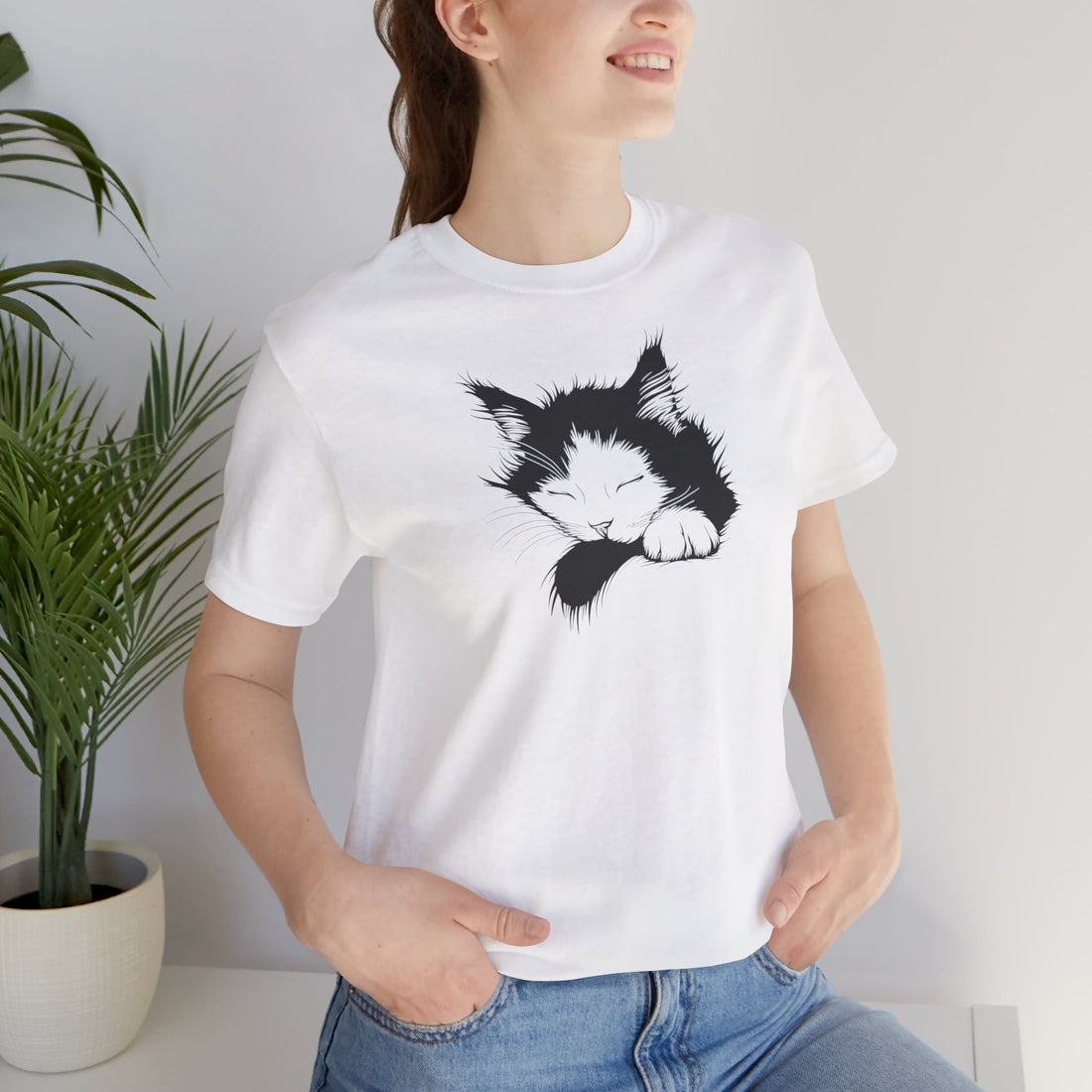 Sleeping Cat T-Shirt | White Cotton Tee with Black and White Cat Design | Comfortable and Stylish Unisex Shirt for Cat Lovers