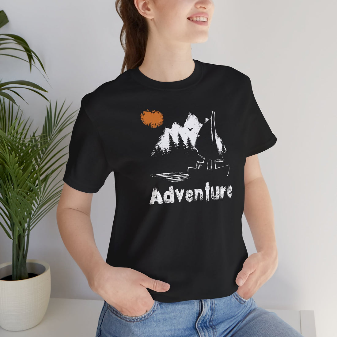 Black Adventure T-Shirt – Canoe, Forest & Sunset Design – Hiking Gift UK