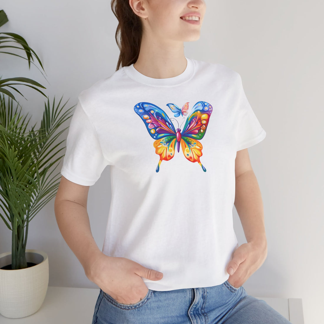 Colorful Butterfly Graphic T-Shirt | 100% Cotton White Tee with Vibrant Butterfly Design | Stylish and Comfortable Unisex Shirt