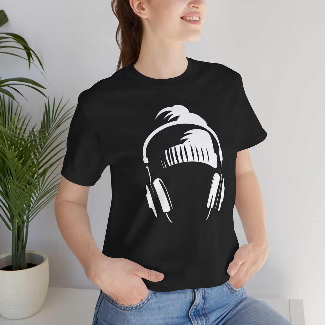 Headphones and Beanie Graphic T-Shirt | Black Cotton Tee with Minimalist Music Design | Stylish and Comfortable Unisex Shirt for Music Enthusiasts