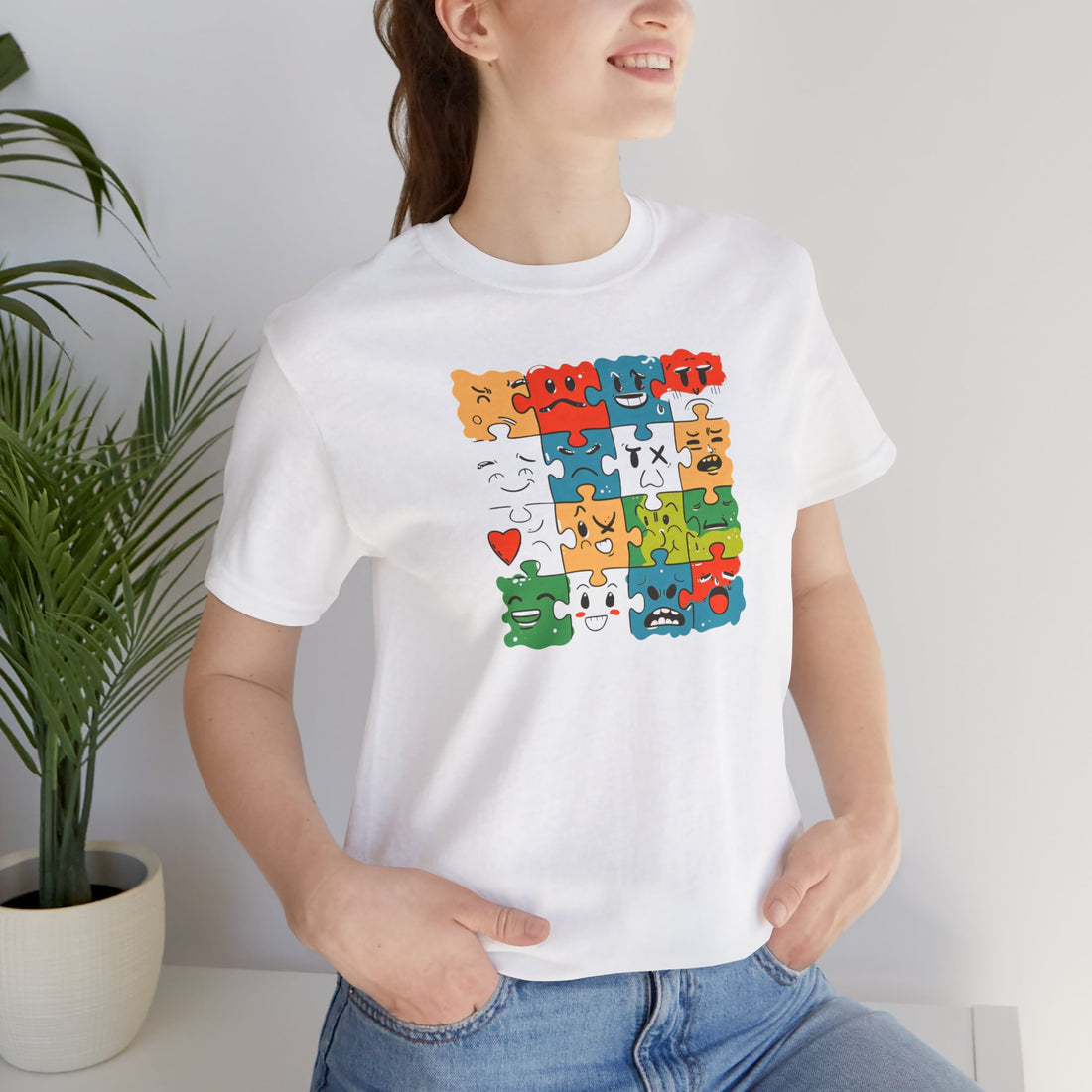 Colorful Puzzle Face Expression T-Shirt – Fun and Unique Graphic Tee for All Ages