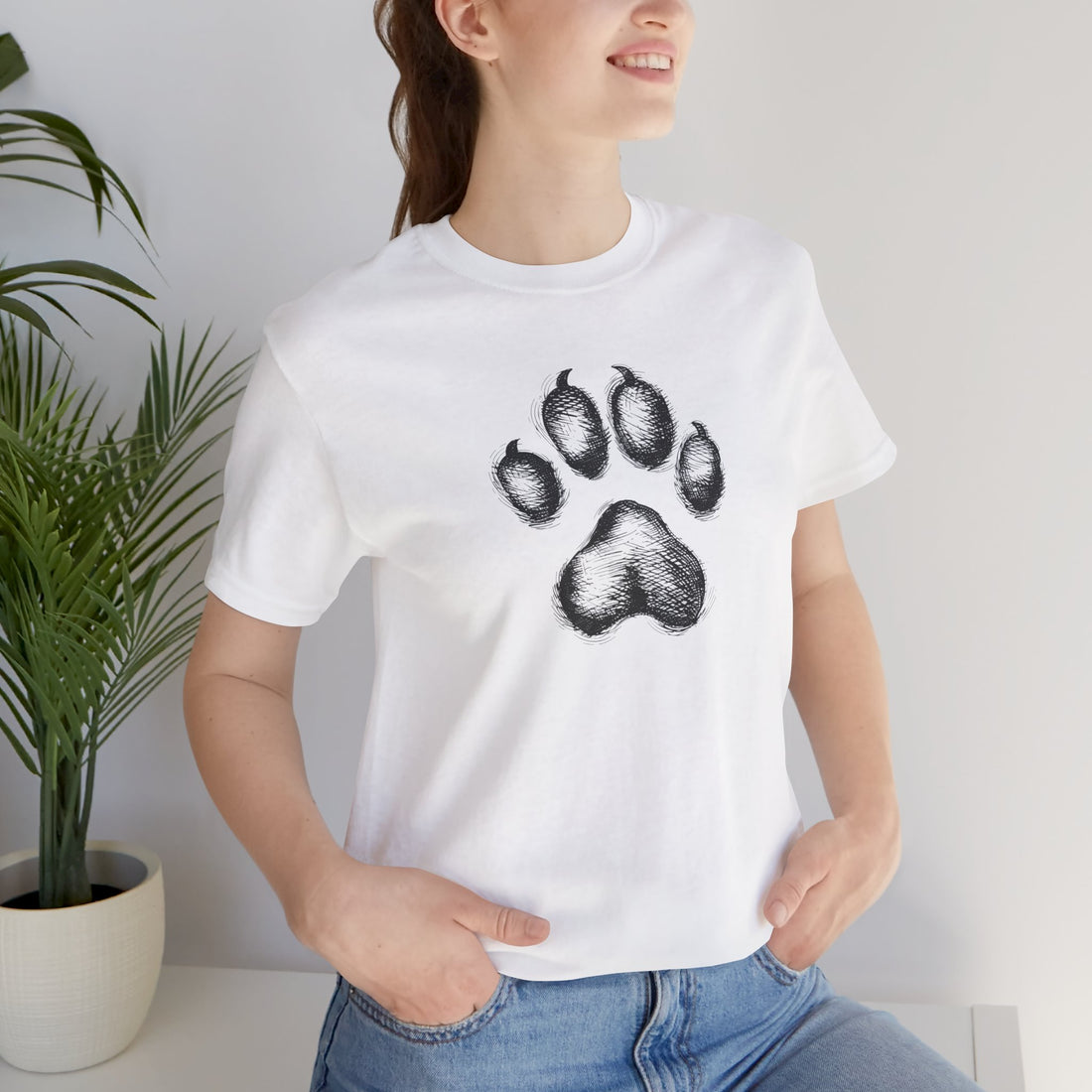 Paw Print T-Shirt | White Cotton Tee with Detailed Black Paw Design | Stylish and Comfortable Unisex Shirt for Animal Lovers